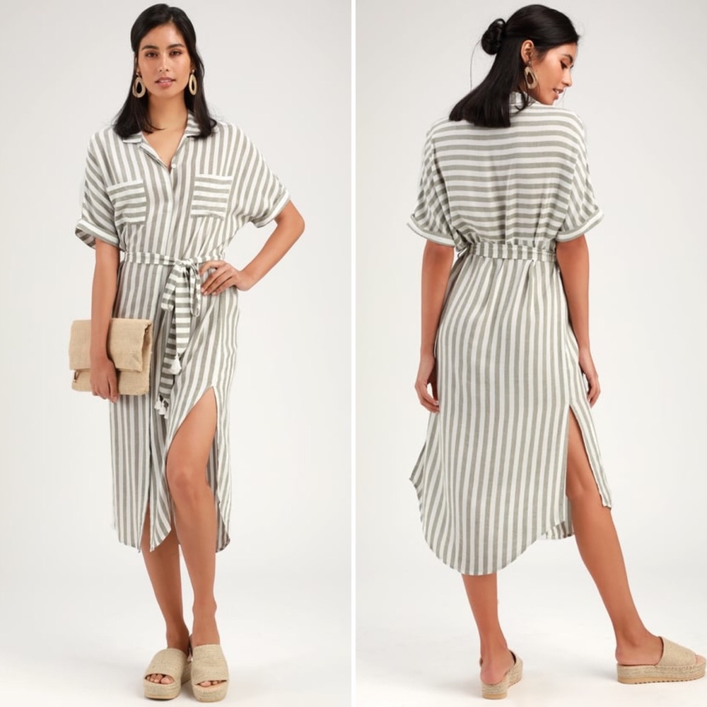 Socialite Kersee Olive Striped Midi Shirt Dress